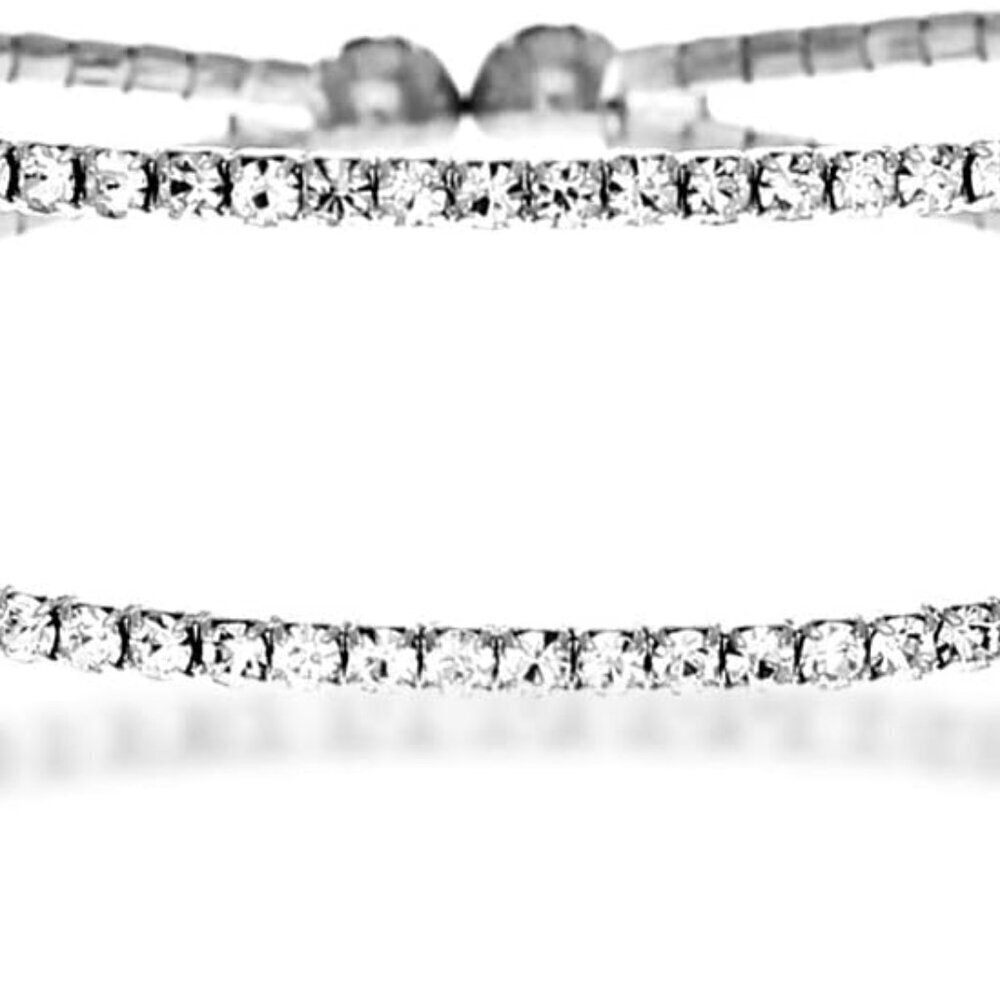 Crystal Rhinestone Bangle Bracelet Women Silver Gold Adjustable Two Row Bridal